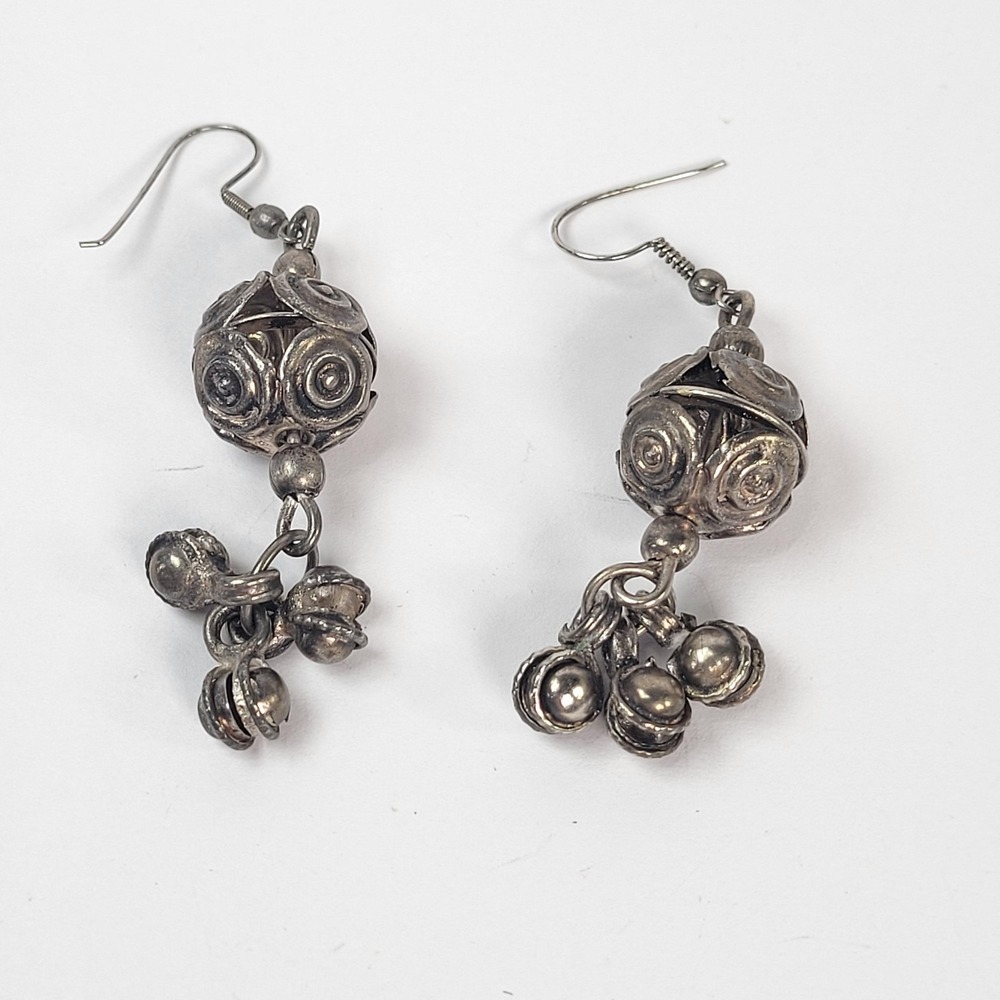 Silver Tone Beaded Dangle Earrings Round Spiral Ball Drop Aztec Boho Jewelry‎
